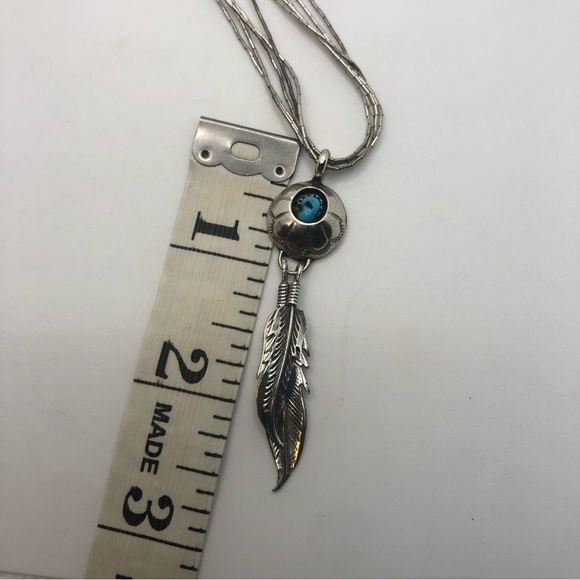 Vtg Navajo Sterling & Turquoise & Feather Pendant Liquid Silver Chain 20” + 2.5” - Picture 8 of 8
